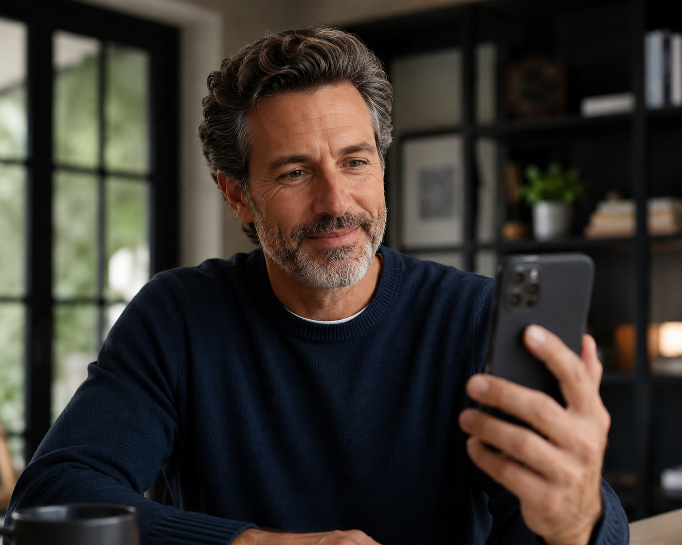 A man reviewing his telehealth consultation on his phone at home.
